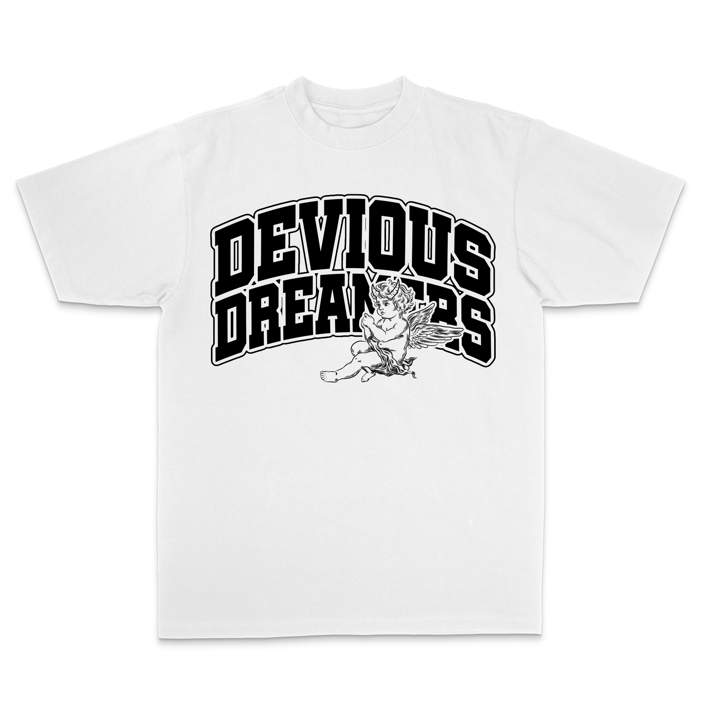 Devious Dreamers "Angel Script" Logo Tee – Black & White Streetwear Shirt