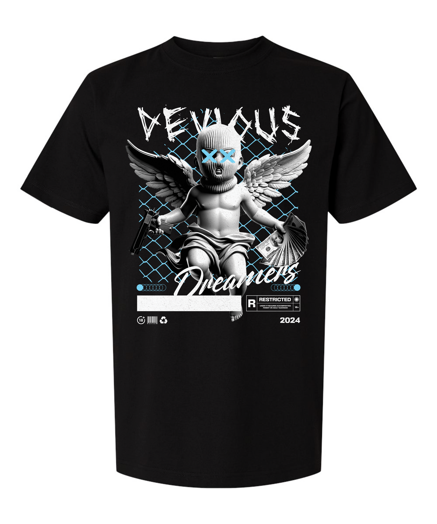 Devious Dreamers "Restricted Angel" Graphic Tee – Black Streetwear Shirt