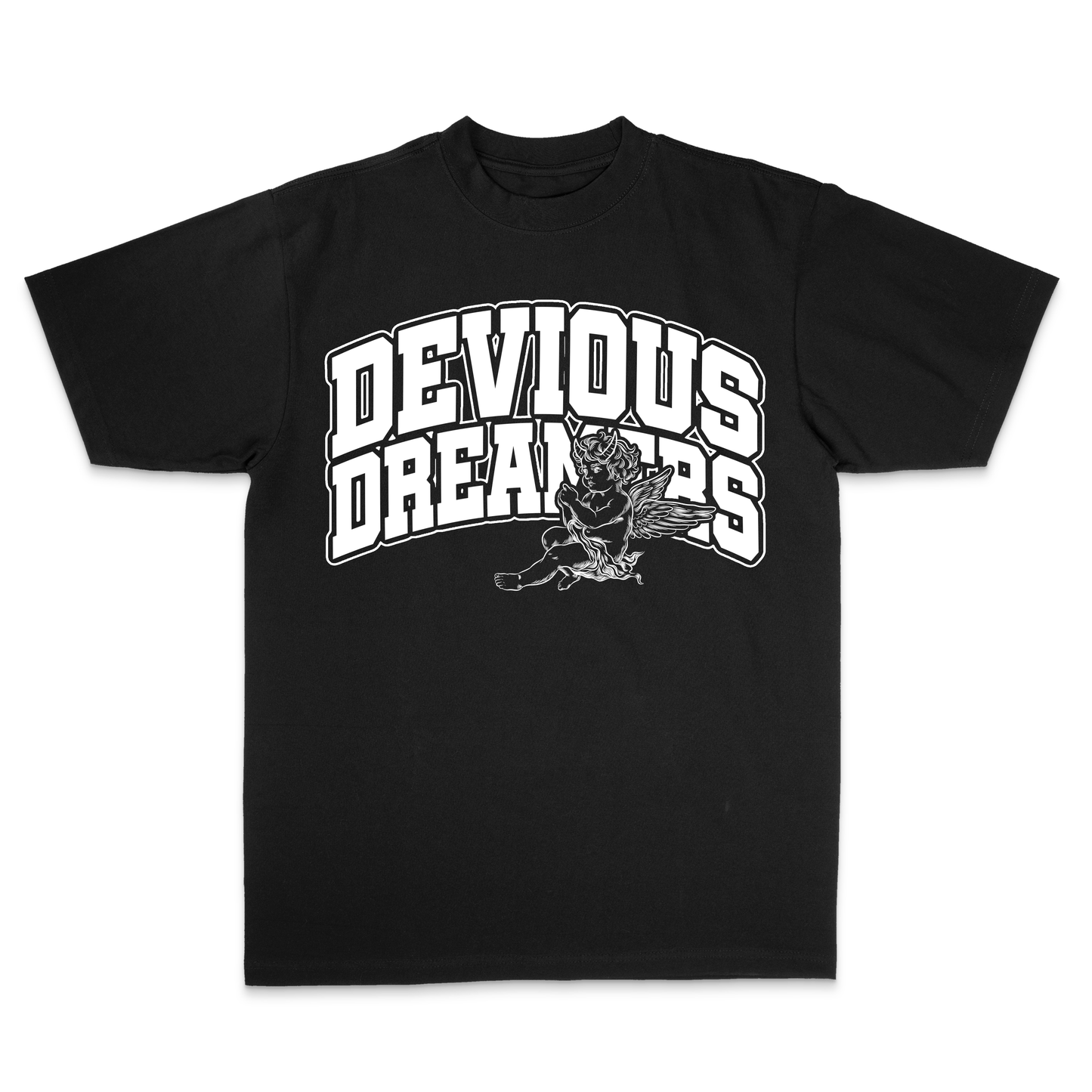 Devious Dreamers "Angel Script" Logo Tee – Black & White Streetwear Shirt