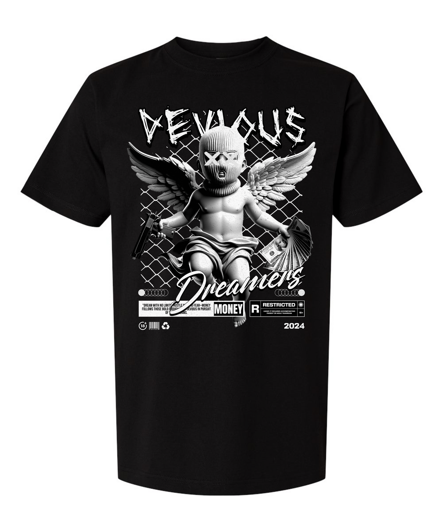 Devious Dreamers "Restricted Angel" Graphic Tee – Black Streetwear Shirt